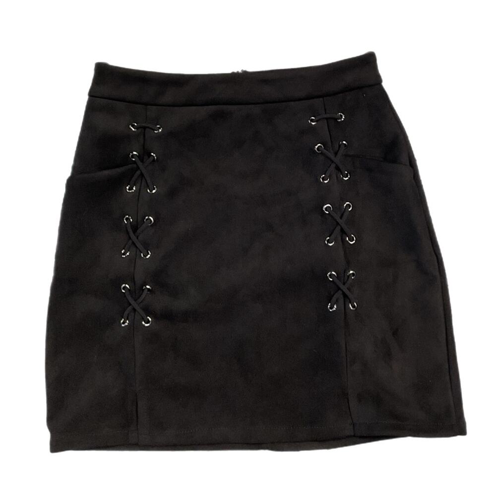 Black Mini Skirt Faux Suede Lace Up
